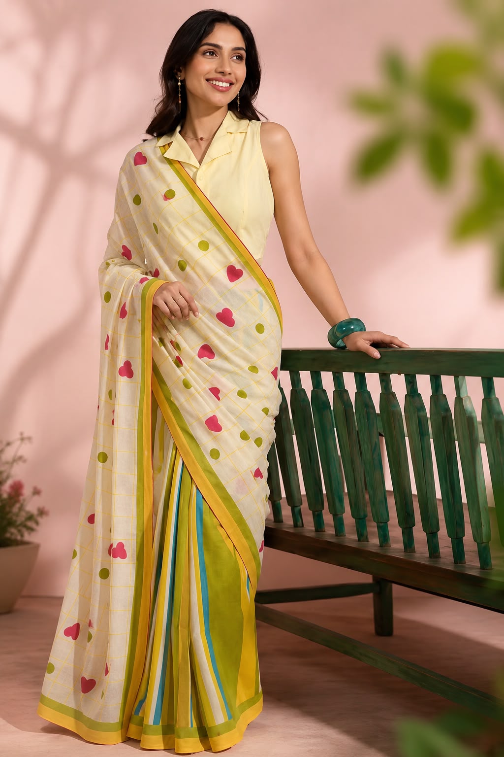 Candy Pop Stripe Check Cotton Linen Saree