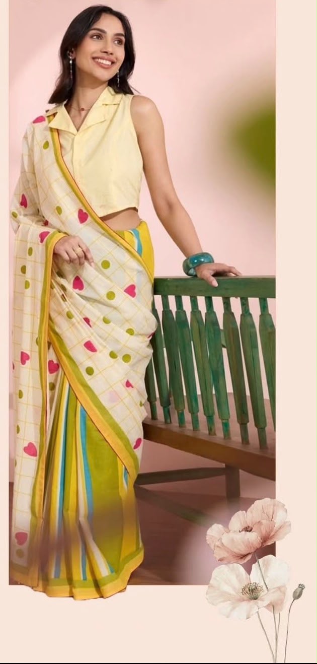 Candy Pop Stripe Check Cotton Linen Saree