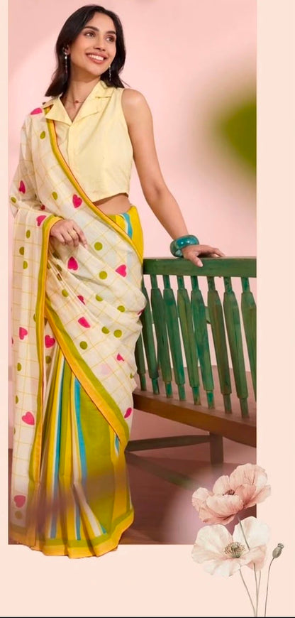 Candy Pop Stripe Check Cotton Linen Saree