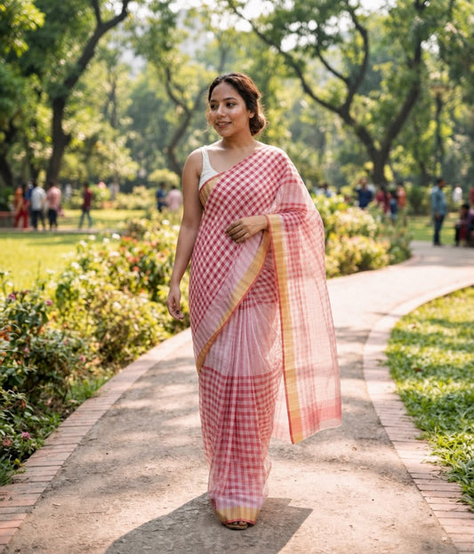 Red & White Checks Cotton Linen Saree