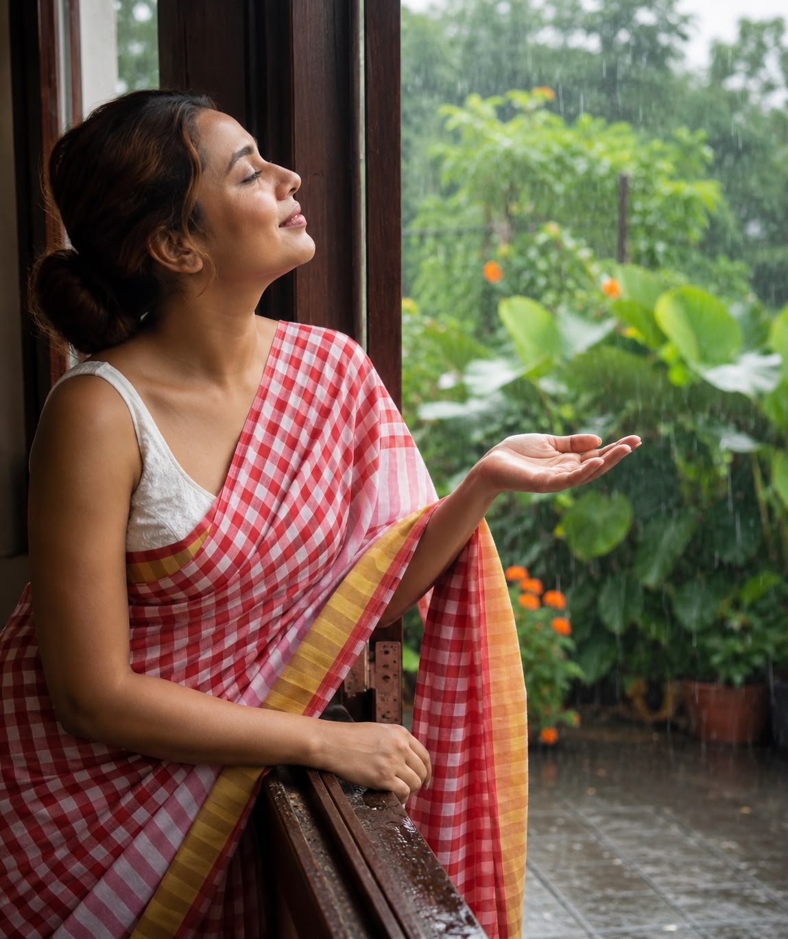 Red & White Checks Cotton Linen Saree