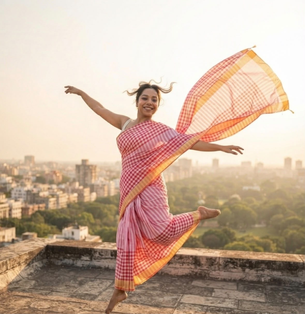 Red & White Checks Cotton Linen Saree