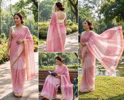 Red & White Checks Cotton Linen Saree