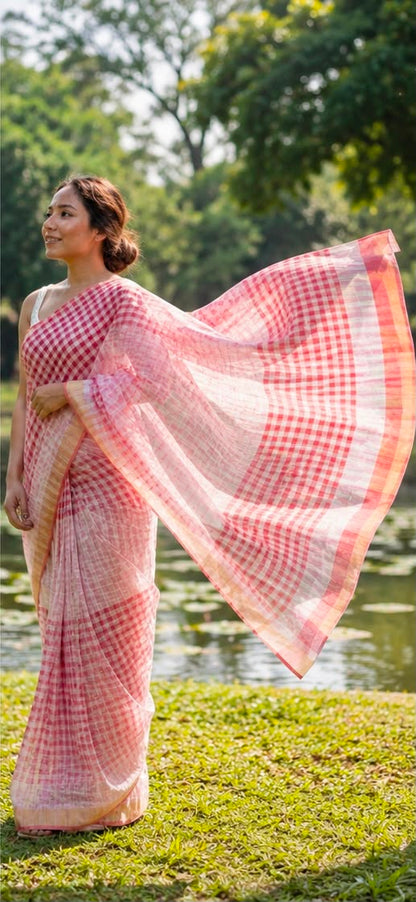 Red & White Checks Cotton Linen Saree