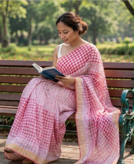 Red & White Checks Cotton Linen Saree