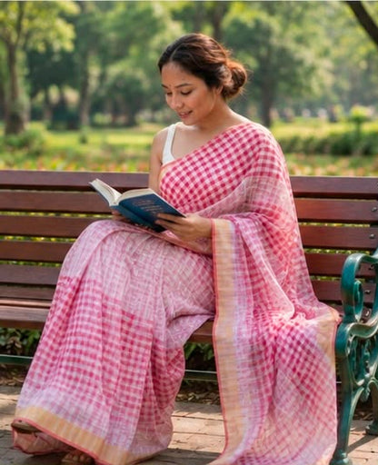 Red & White Checks Cotton Linen Saree