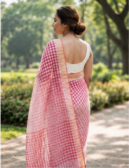 Red & White Checks Cotton Linen Saree