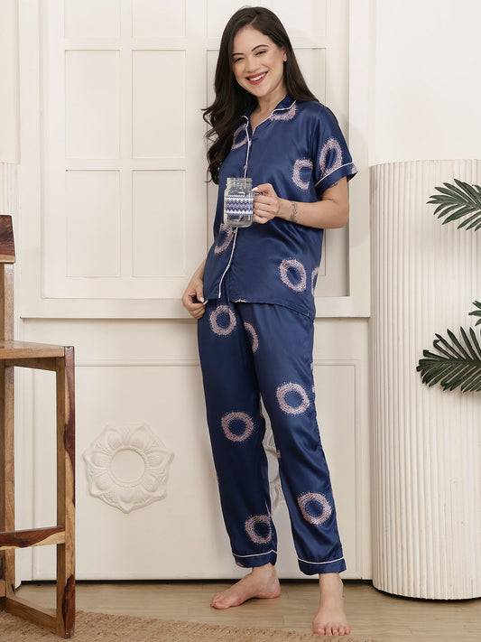 Women’s Premium Satin Night Suit Set - Navy blue
