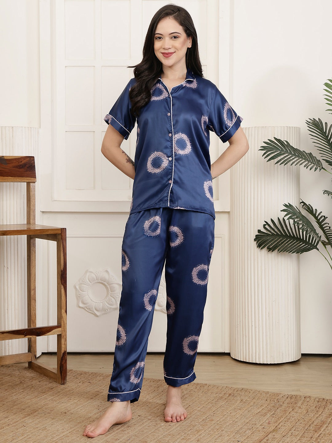 Women’s Premium Satin Night Suit Set - Navy blue