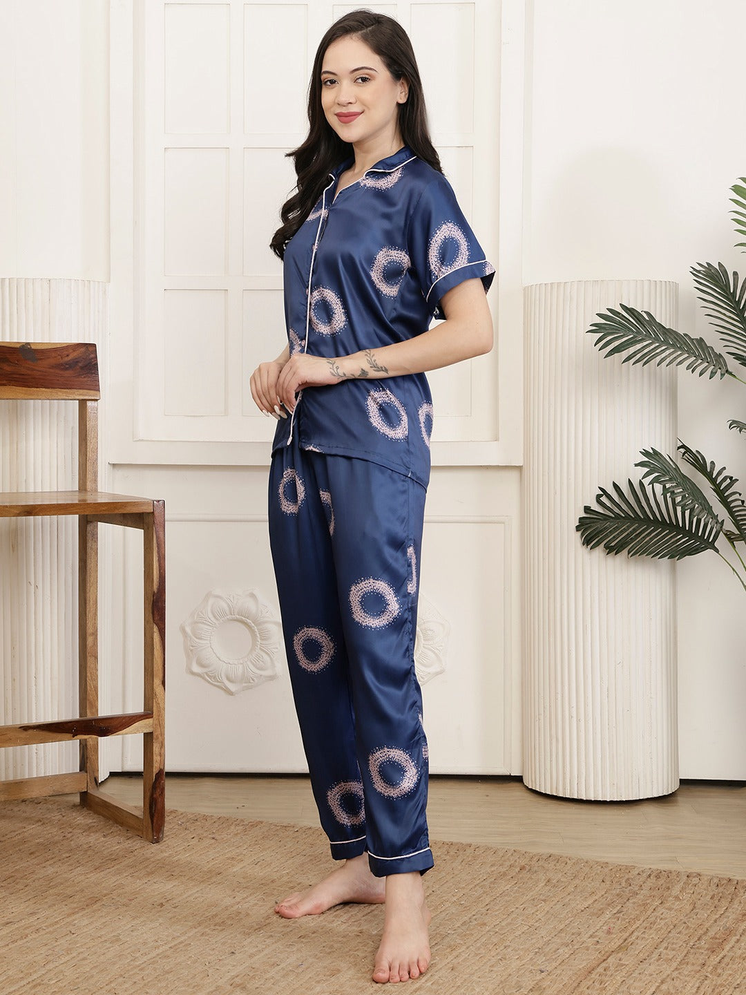 Women’s Premium Satin Night Suit Set - Navy blue
