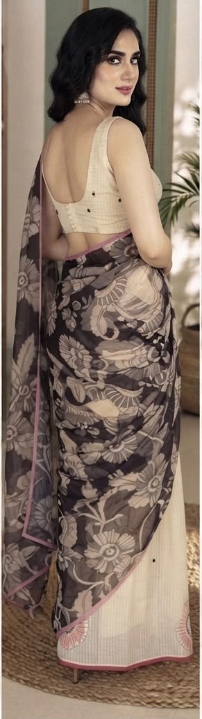 Elegant Black & Beige Cotton Linen Blend Digital Print Saree