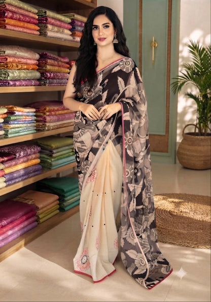 Elegant Black & Beige Cotton Linen Blend Digital Print Saree