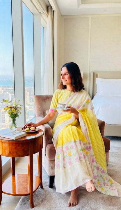 Sunshine Floral Cotton Linen Blend Saree