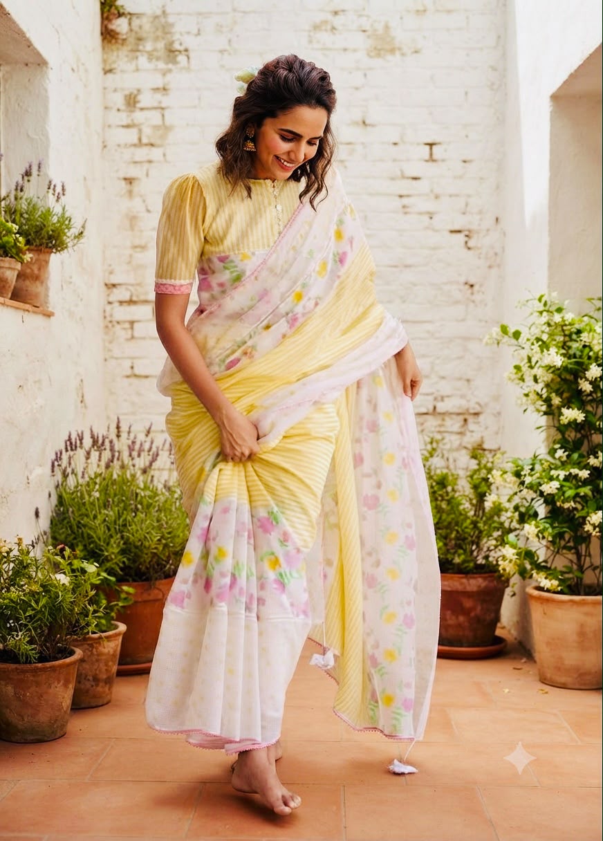 Sunshine Floral Cotton Linen Blend Saree