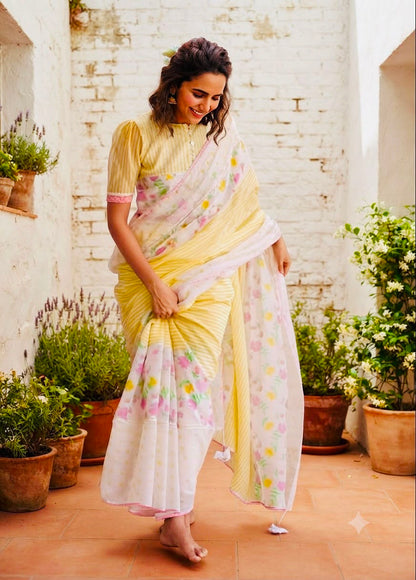 Sunshine Floral Cotton Linen Blend Saree