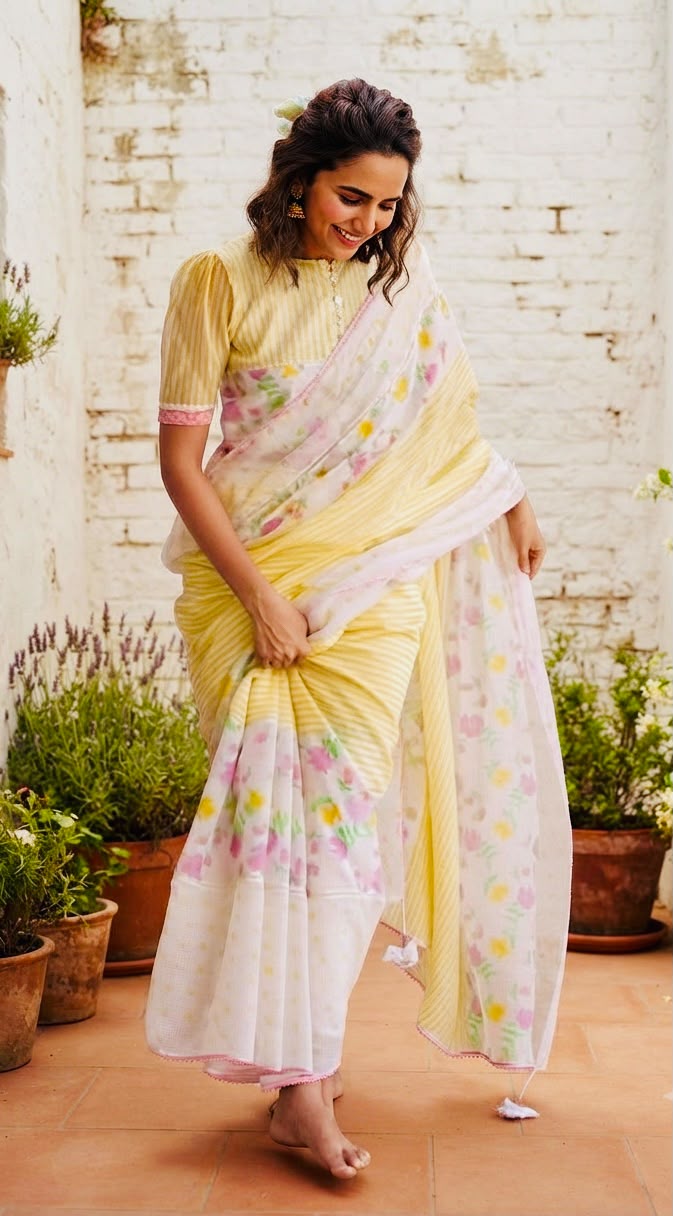 Sunshine Floral Cotton Linen Blend Saree