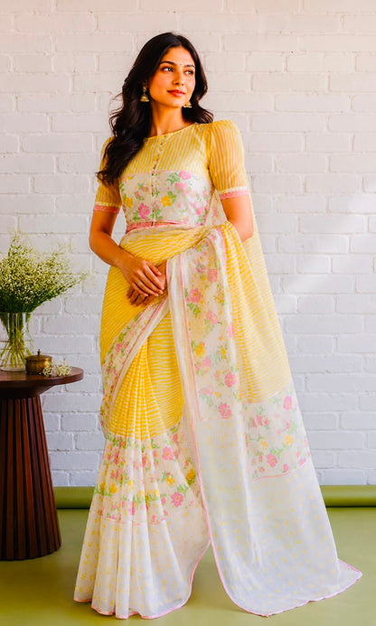 Sunshine Floral Cotton Linen Blend Saree