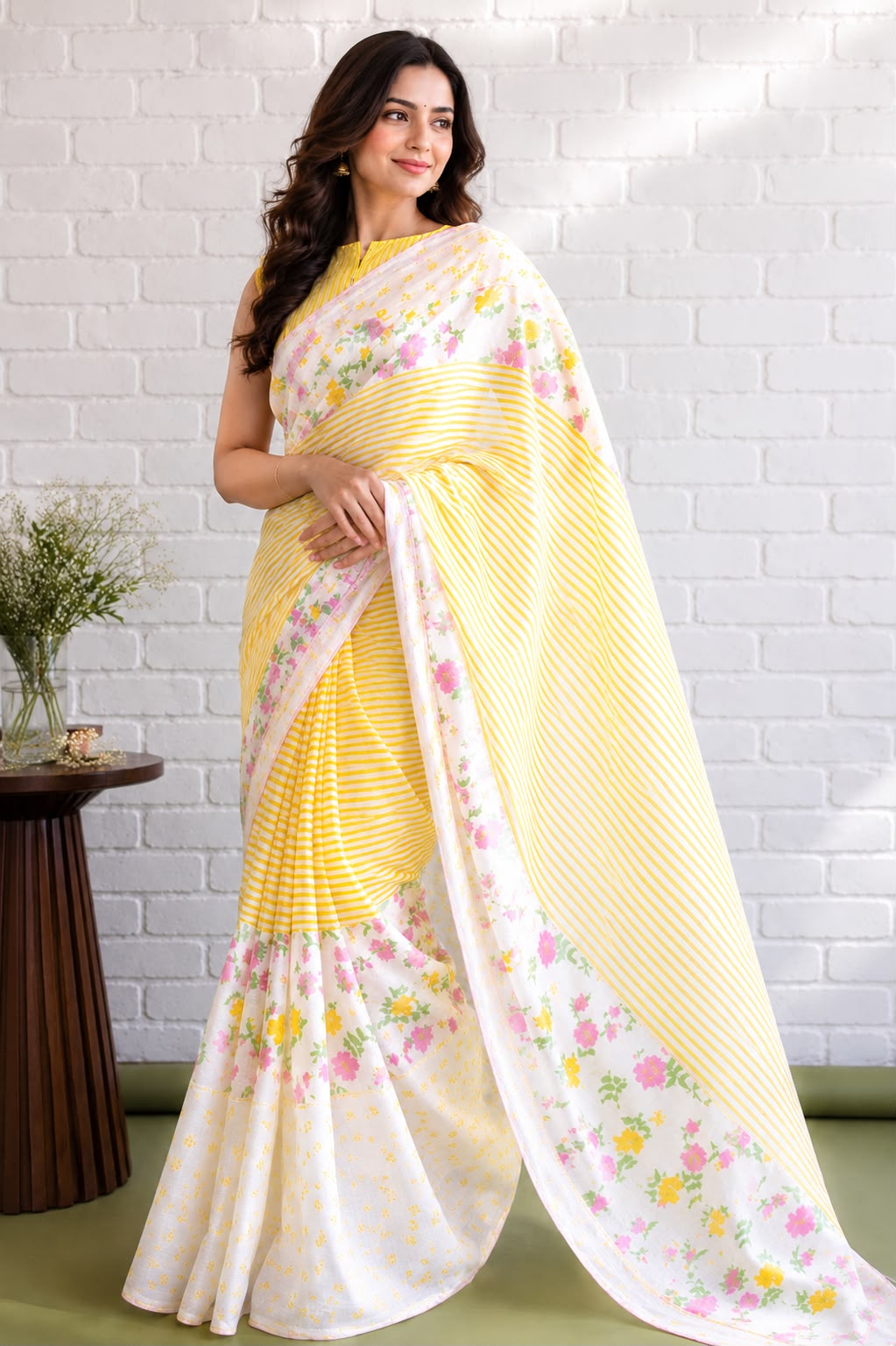 Sunshine Floral Cotton Linen Blend Saree