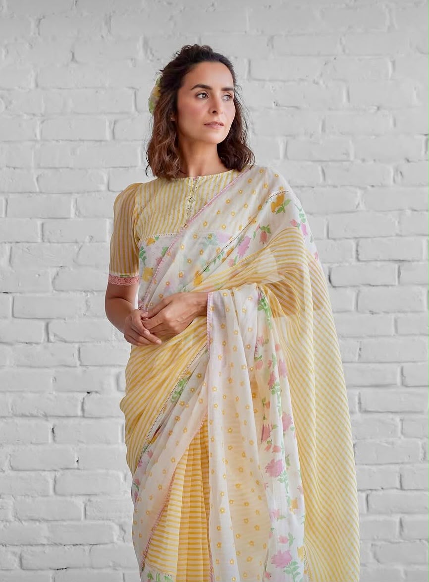 Sunshine Floral Cotton Linen Blend Saree