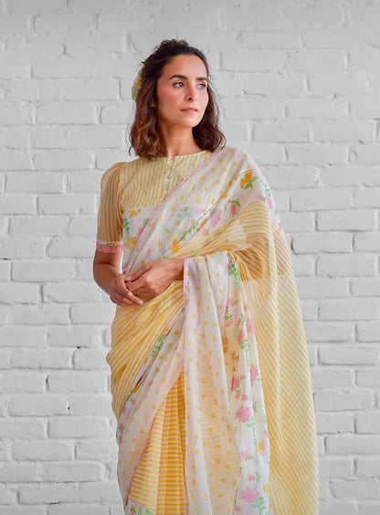 Sunshine Floral Cotton Linen Blend Saree