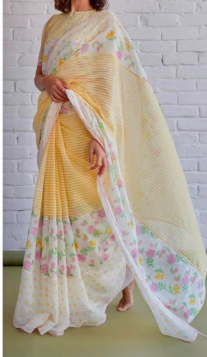 Sunshine Floral Cotton Linen Blend Saree