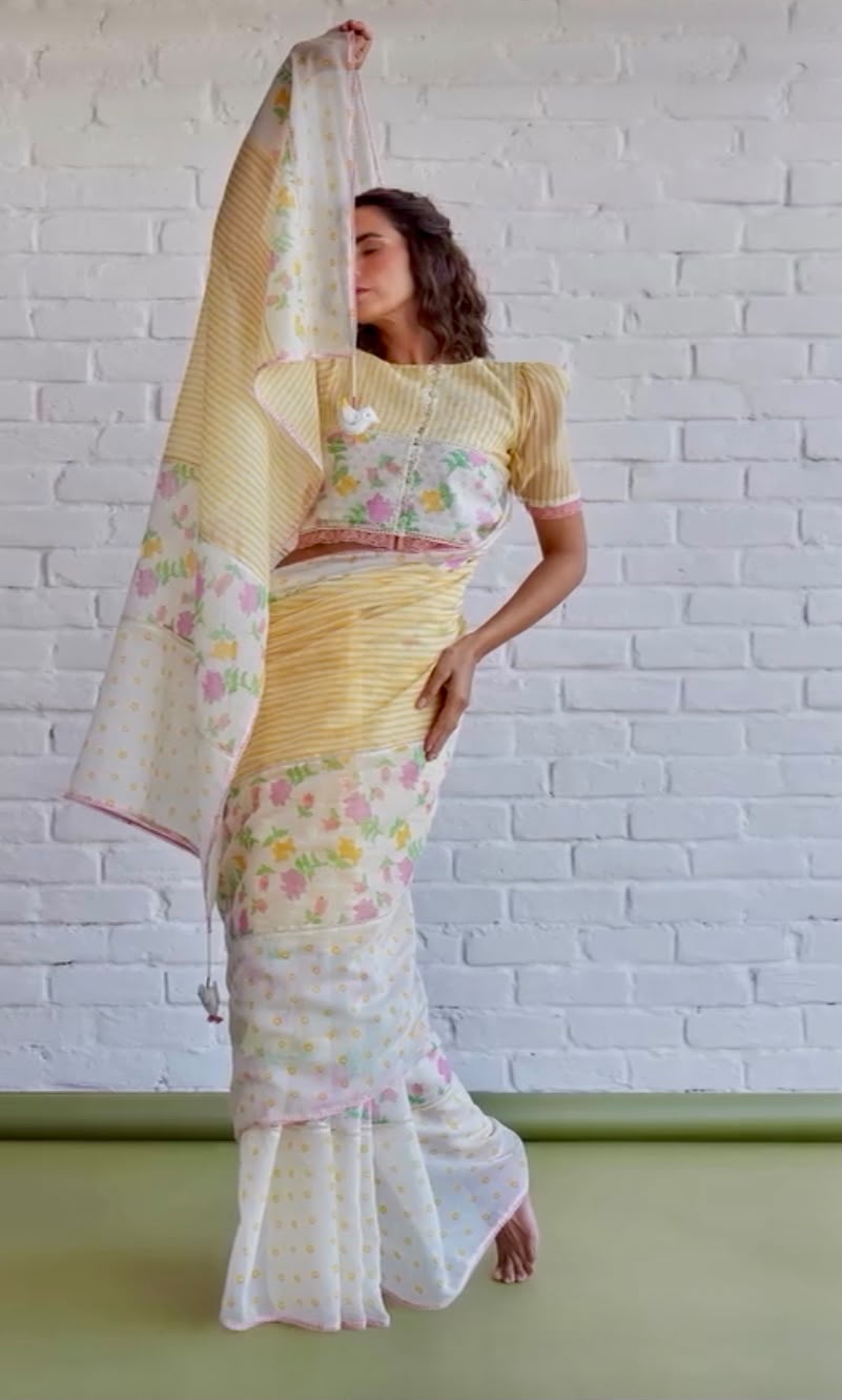 Sunshine Floral Cotton Linen Blend Saree