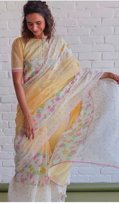 Sunshine Floral Cotton Linen Blend Saree
