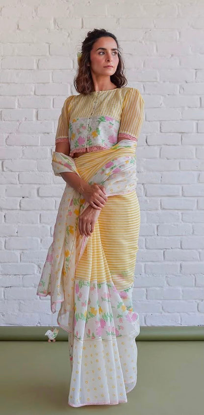 Sunshine Floral Cotton Linen Blend Saree