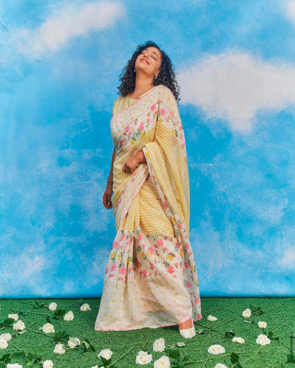 Sunshine Floral Cotton Linen Blend Saree