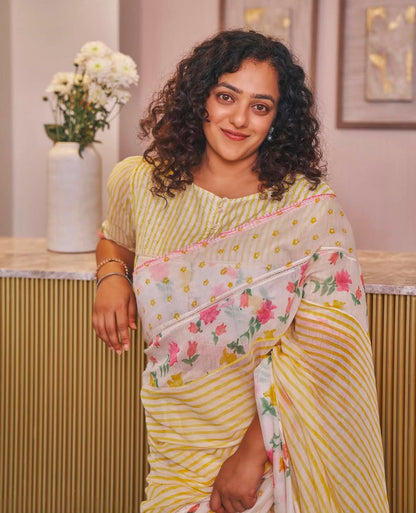 Sunshine Floral Cotton Linen Blend Saree