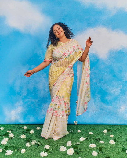 Sunshine Floral Cotton Linen Blend Saree