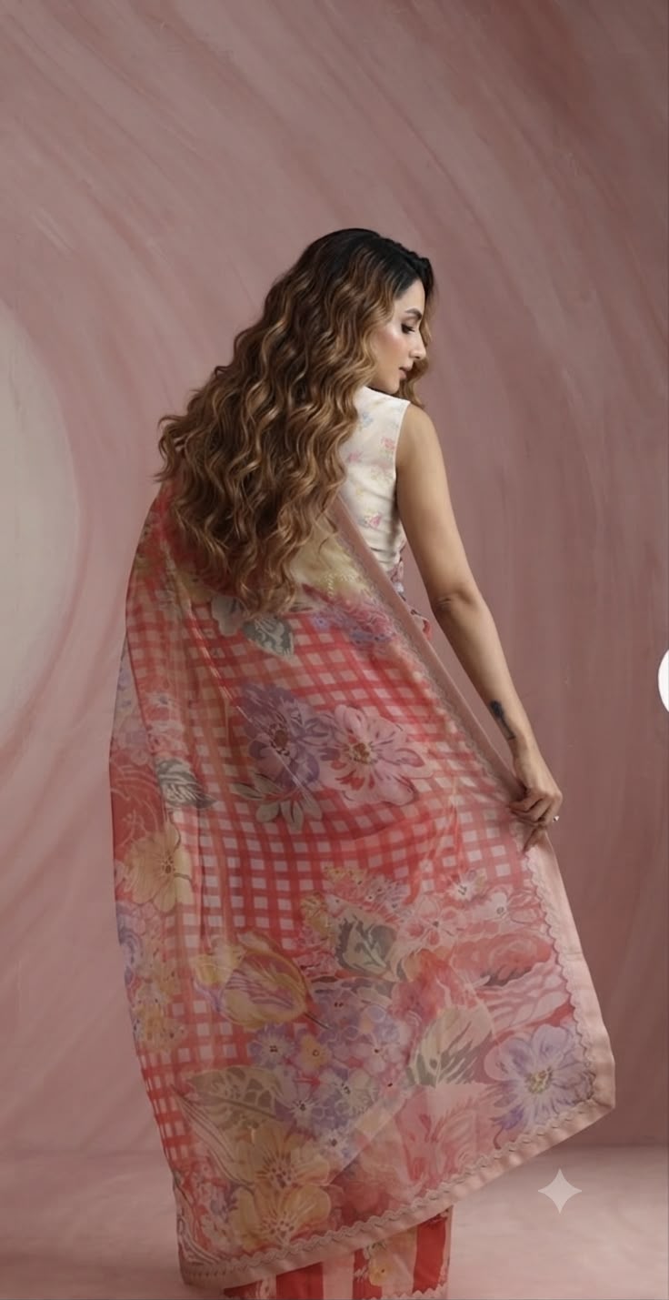 Peach Pastel Elegance -Soft Premium Organza Digital Floral Print Saree