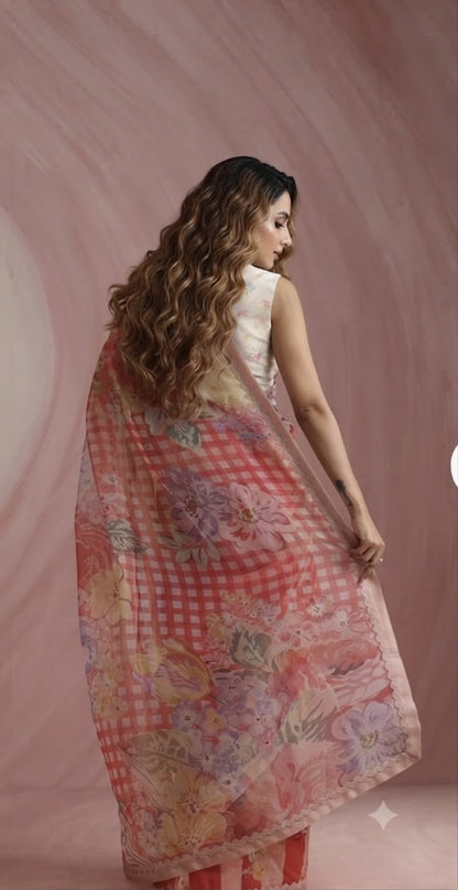 Peach Pastel Elegance -Soft Premium Organza Digital Floral Print Saree