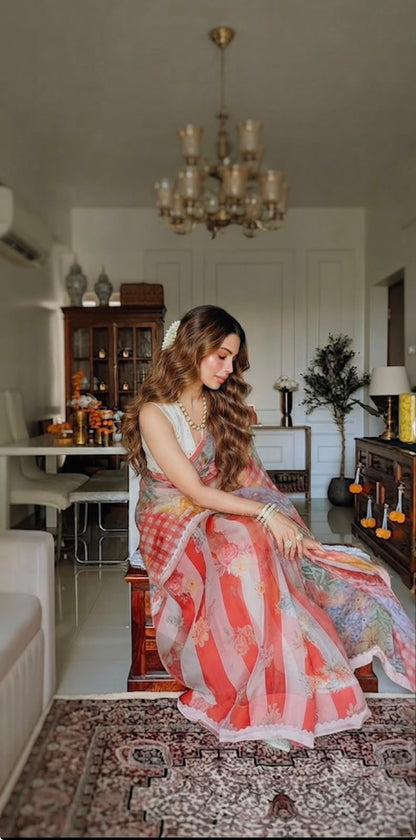 Peach Pastel Elegance -Soft Premium Organza Digital Floral Print Saree