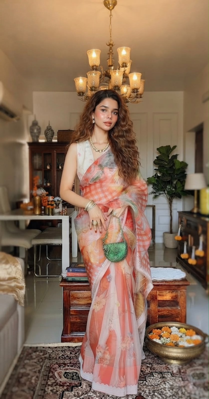 Peach Pastel Elegance -Soft Premium Organza Digital Floral Print Saree