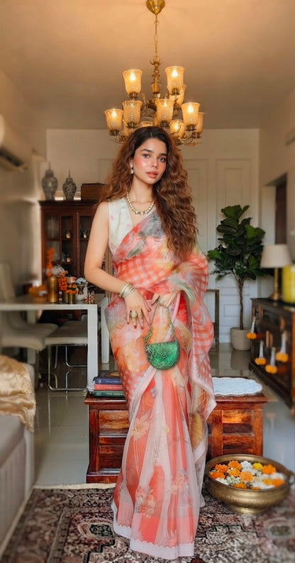 Peach Pastel Elegance -Soft Premium Organza Digital Floral Print Saree
