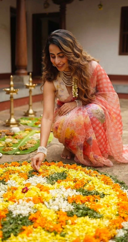Peach Pastel Elegance -Soft Premium Organza Digital Floral Print Saree
