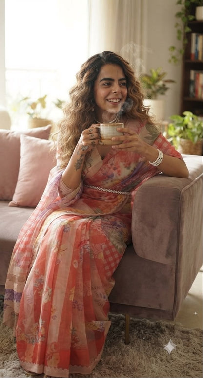 Peach Pastel Elegance -Soft Premium Organza Digital Floral Print Saree
