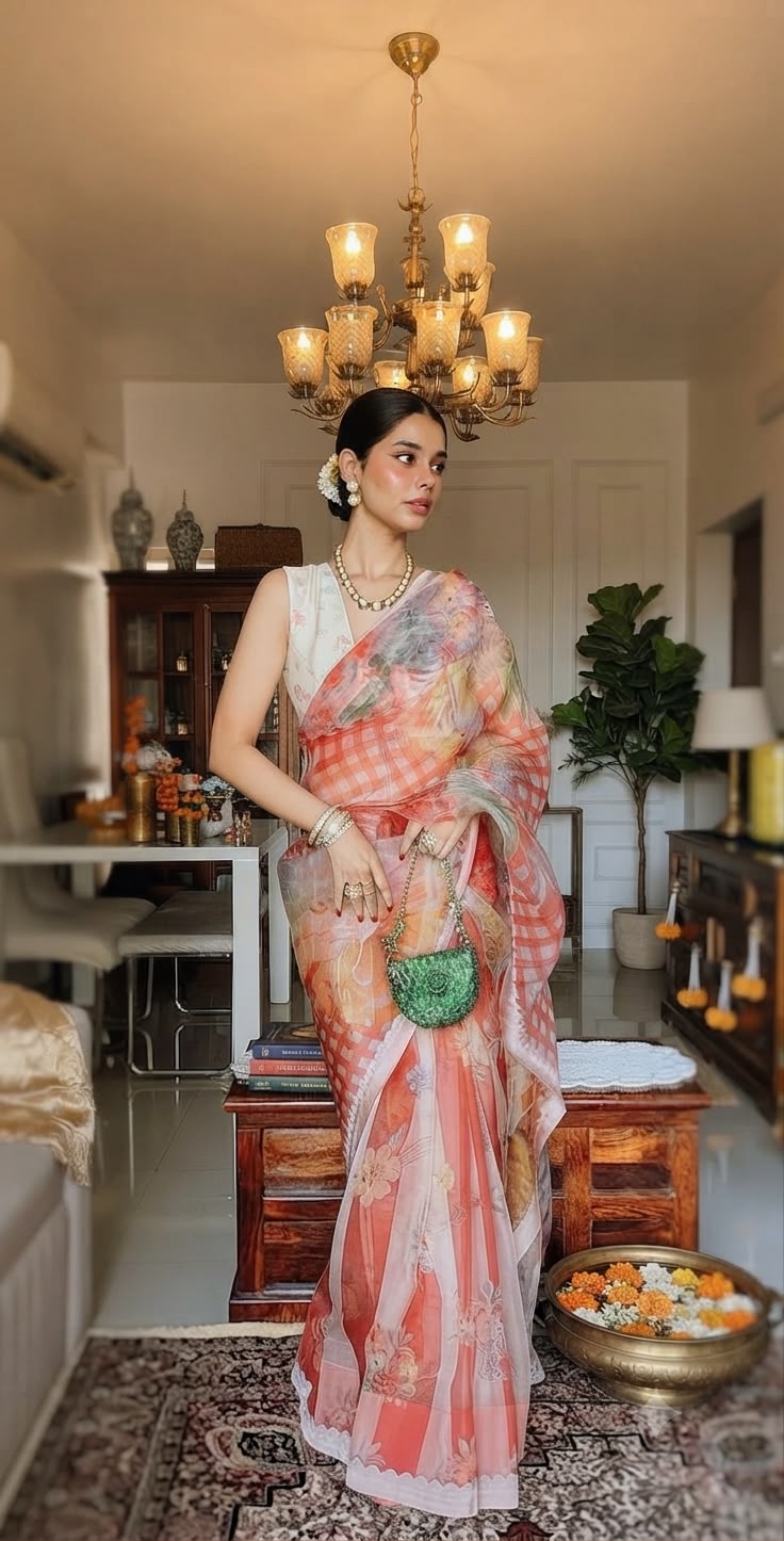 Peach Pastel Elegance -Soft Premium Organza Digital Floral Print Saree