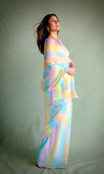 Celebrity Inspired Rainbow Leheriya Chiffon Saree