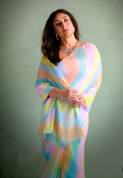 Celebrity Inspired Rainbow Leheriya Chiffon Saree