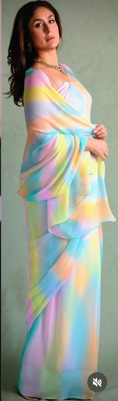 Celebrity Inspired Rainbow Leheriya Chiffon Saree