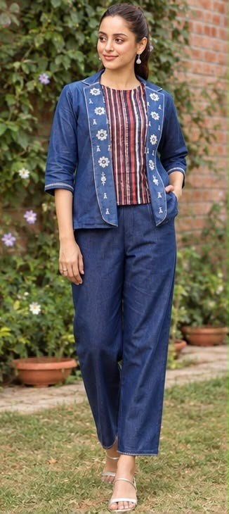 3-Piece Denim Embroidered Coord Set