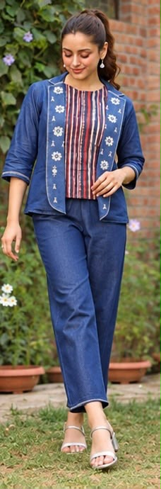 3-Piece Denim Embroidered Coord Set