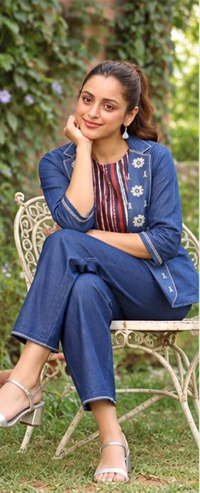 3-Piece Denim Embroidered Coord Set