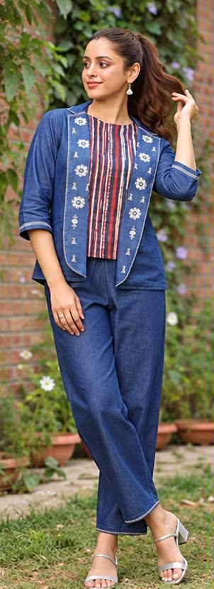 3-Piece Denim Embroidered Coord Set