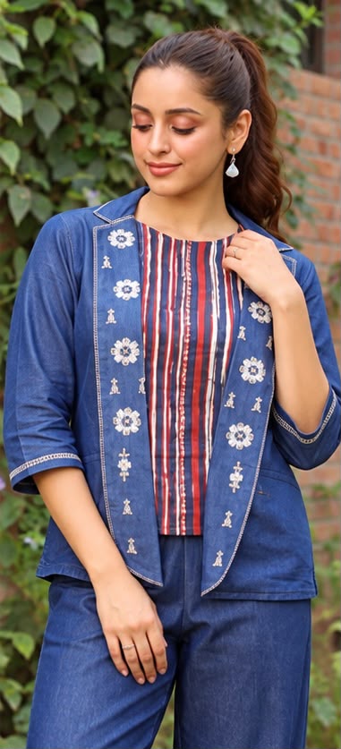 3-Piece Denim Embroidered Coord Set