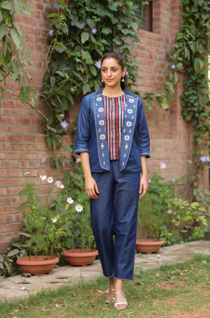 3-Piece Denim Embroidered Coord Set