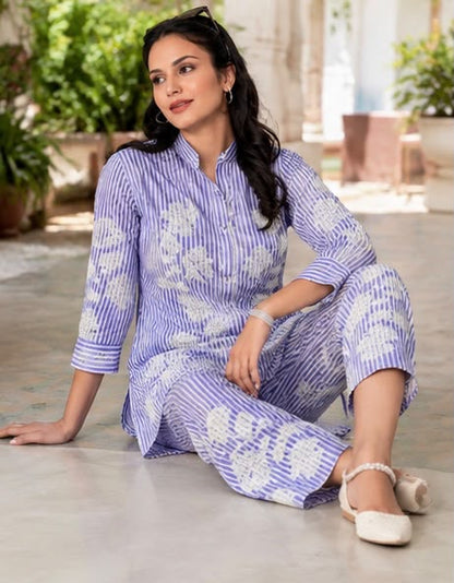 Stripe Floral Embroidered Cotton Co-ord Set