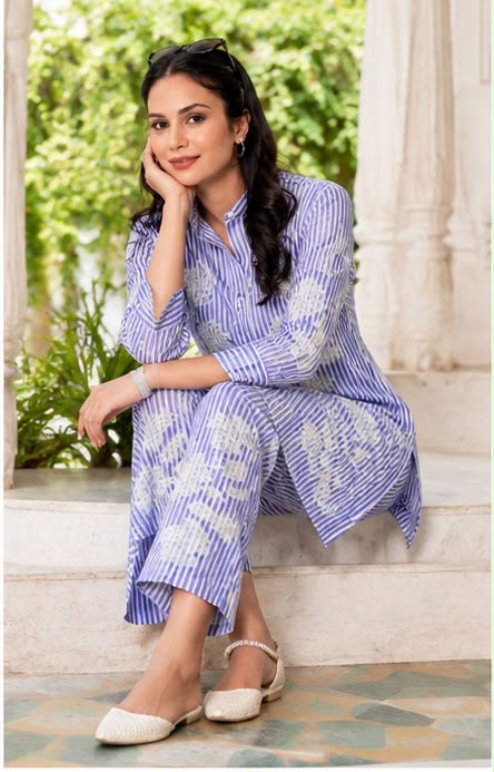 Stripe Floral Embroidered Cotton Co-ord Set